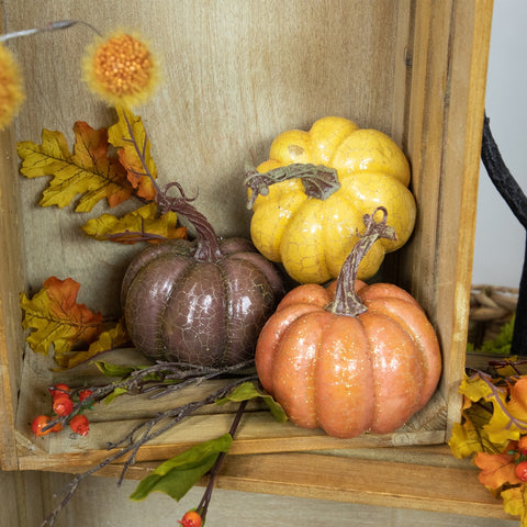 Crackle Finish Fall Harvest Pumpkins - 4" - Orange  Yellow and Brown - Set of 3