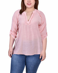 Plus Size Raglan Sleeve Split Neck Blouse