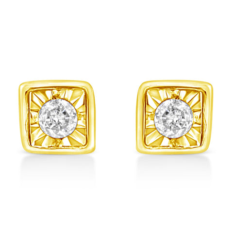 10K Yellow Gold Plated .925 Sterling Silver 1/10 Cttw Miracle-Set Diamond Square Stud Earrings (K-L Color, I2-I3 Clarity)