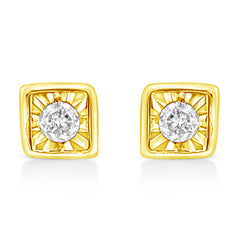 10K Yellow Gold Plated .925 Sterling Silver 1/10 Cttw Miracle-Set Diamond Square Stud Earrings (K-L Color, I2-I3 Clarity)