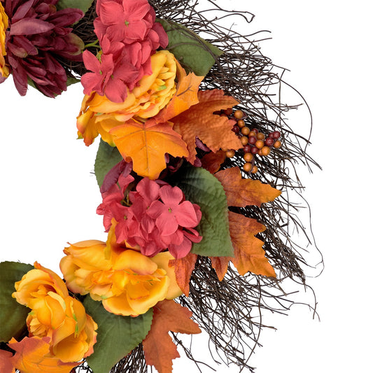 Peony and Mum Artificial Fall Harvest Wreath  24-Inch