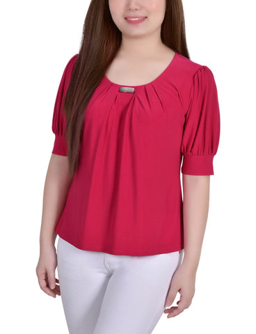 Short Sleeve Balloon Sleeve Top With Hardware