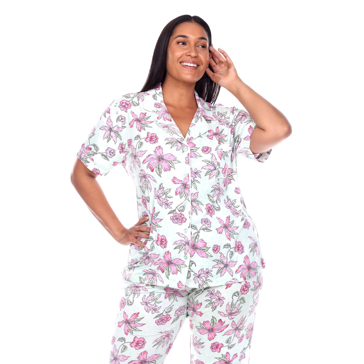  White Mark Plus Size Short Sleeve & Pants Tropical Pajama Set - 1X - Bonton