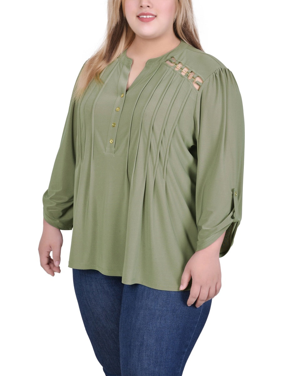  NY Collection Plus Size Long Sleeve Pintuck Front Top With Chain Details - Animal Lilas Dot - Bonton