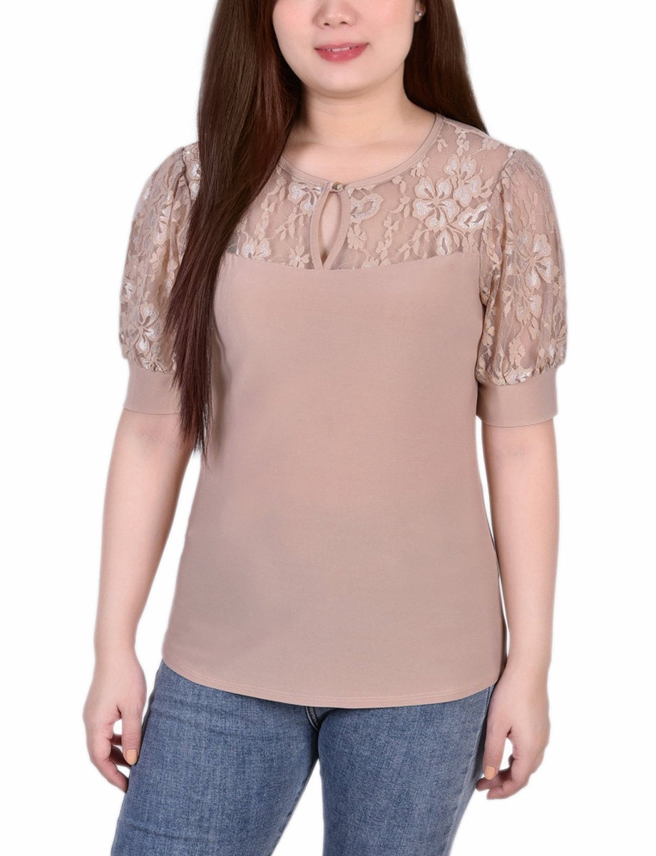  NY Collection Petite Short Puff Sleeve Top With Lace Sleeves and Yoke - Black - Bonton