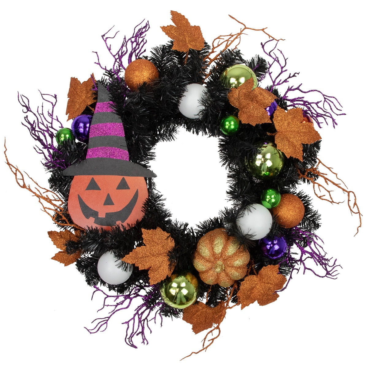  Northlight Jack-O-Lantern in Witches Hat Halloween Pine Wreath  24-Inch  Unlit - Default Title - Bonton