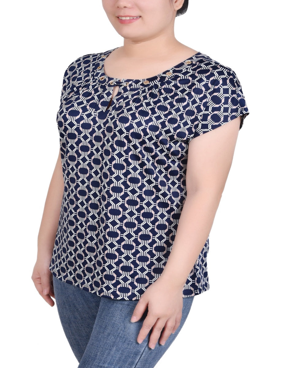  NY Collection Plus Size Extended Sleeve Top With Grommets - Black Blue Taupe Abstract - Bonton