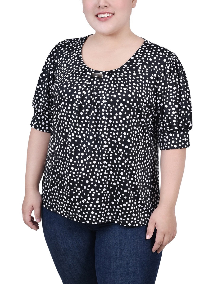  NY Collection Plus Size Short Sleeve Balloon Sleeve Top With Hardware - Black Taupe Zebra - Bonton