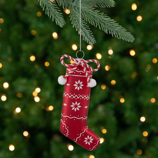 5" Red and White Christmas Stocking Glass Ornament