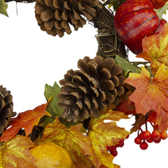 Leaves  Pine Cones and Pumpkins Artificial Fall Harvest Wreath - 20-Inch  Unlit