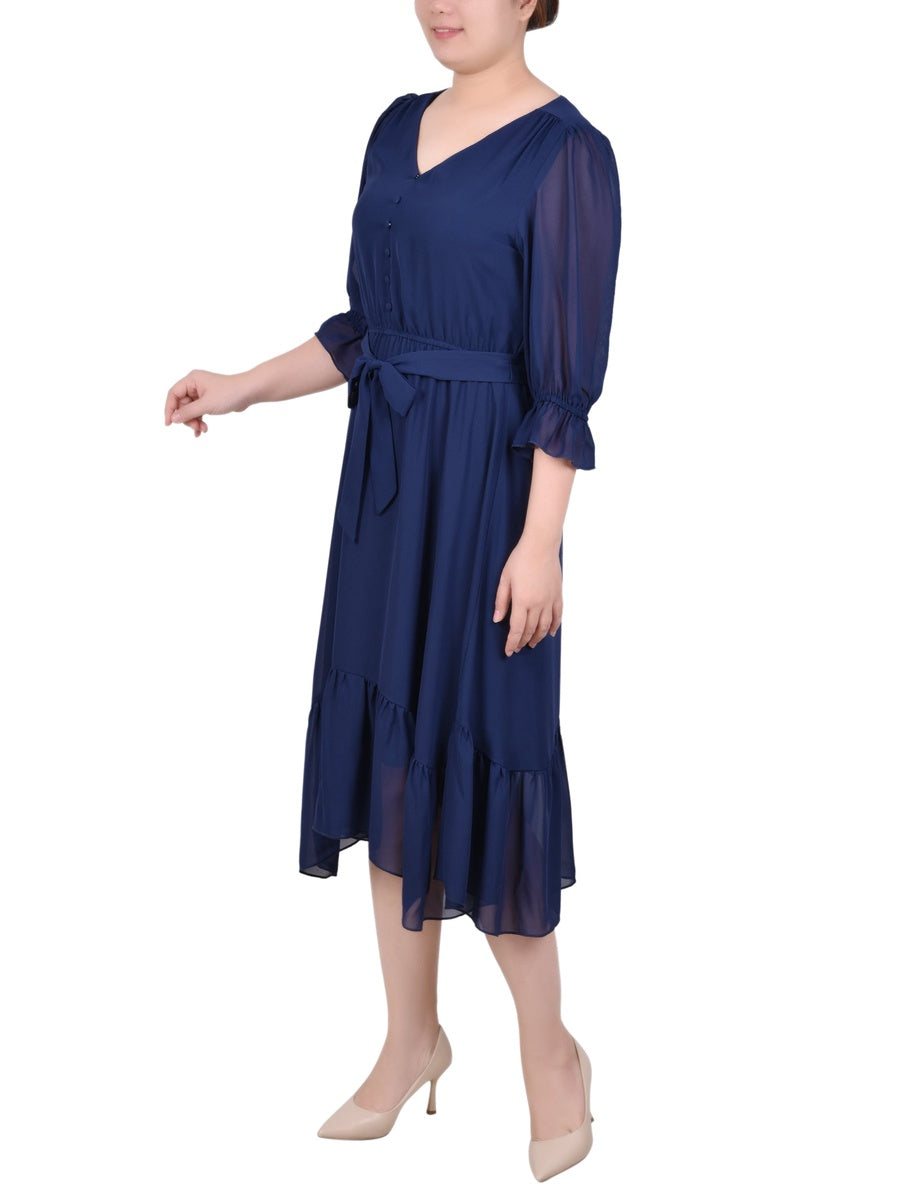  NY Collection Petite 3/4 Sleeve V-Neck Flounced Dress - Marsala - Bonton