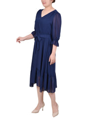 Petite 3/4 Sleeve V-Neck Flounced Dress