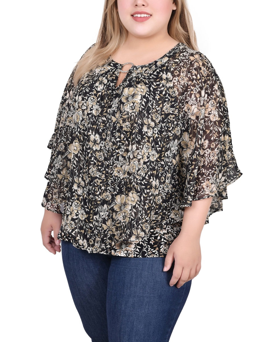  NY Collection Plus Size Chiffon Poncho Top With Ring - Ivory Floral - Bonton