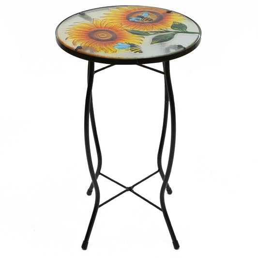 19" Sunflower and Bumblebee Glass Patio Side Table