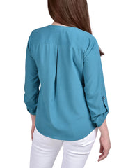 Petite 3/4 Sleeve Roll Tab Y Neck Blouse