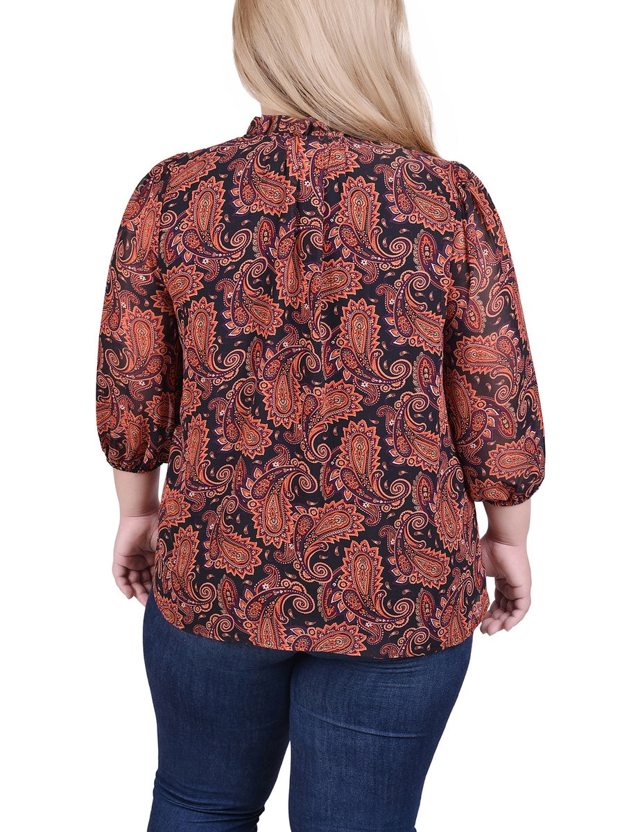  NY Collection Plus Size 3/4 Sleeve Chiffon Blouse - Black Lace Floral - Bonton