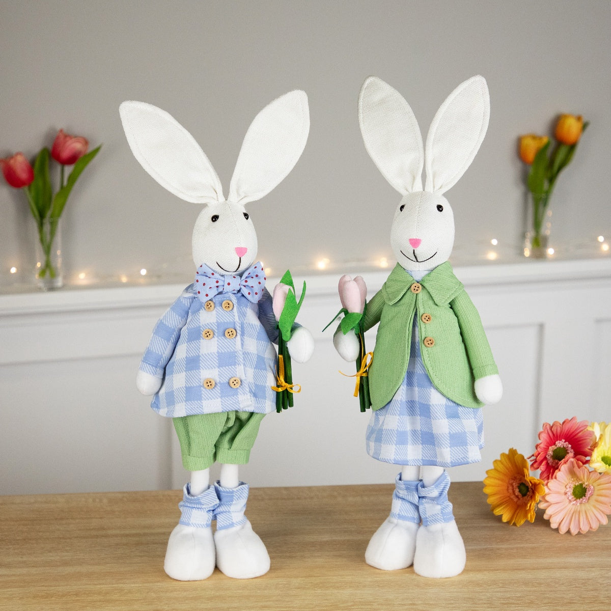  Northlight Bunny Couple in Matching Checkered Outfits Easter Figures - 18.75