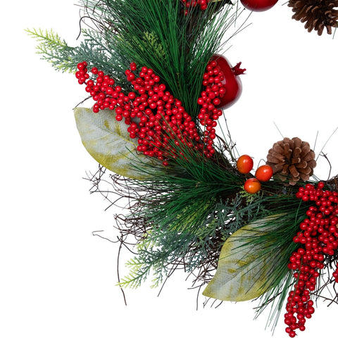 24" Autumn Harvest Pine  Berry and Pomegranate Wreath - Unlit