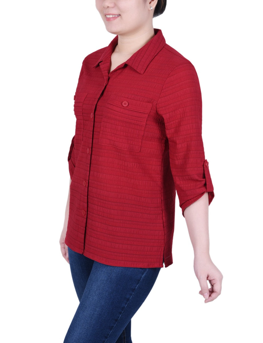  NY Collection Petite 3/4 Sleeve Woven Jacquard Blouse - Gibraltar Sea - Bonton
