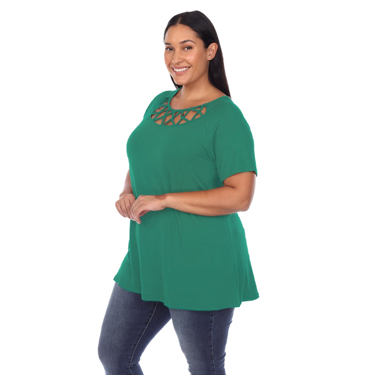  White Mark Plus Size Crisscross Cutout Short Sleeve Top - 1X - Bonton