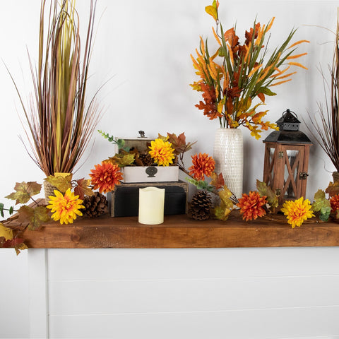 5.5' X 6" Autumn Harvest Orange and Yellow Mums With Maple Leaves Garland - Unlit