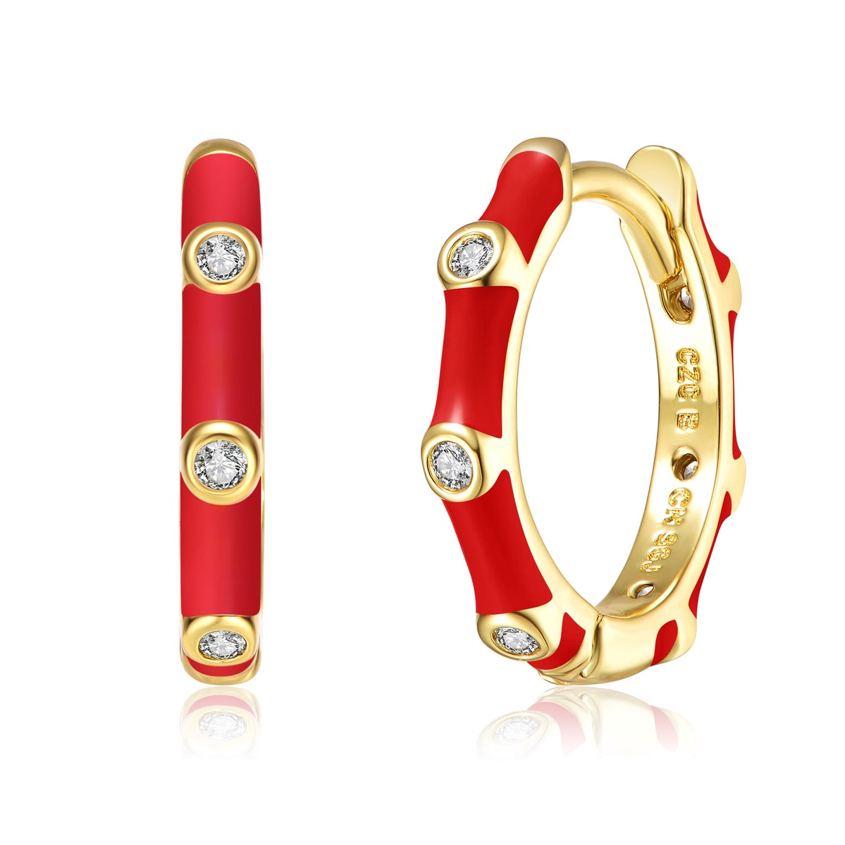  Rachel Glauber Baby/Kids 14k Yellow Gold Plated With Cubic Zirconia Pink Enamel Bamboo Hoop Earrings - Ruby - Bonton