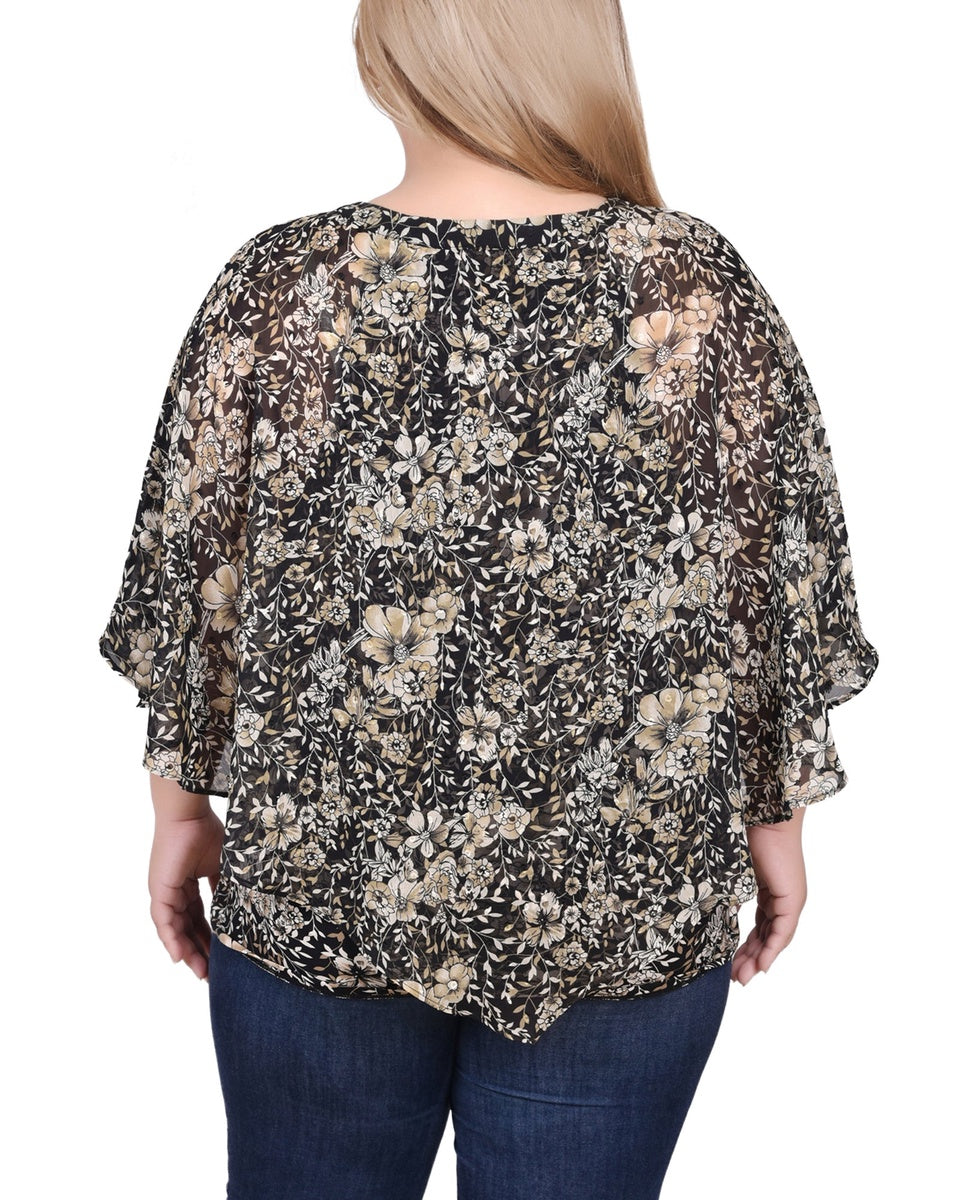  NY Collection Plus Size Chiffon Poncho Top With Ring - Ivory Floral - Bonton