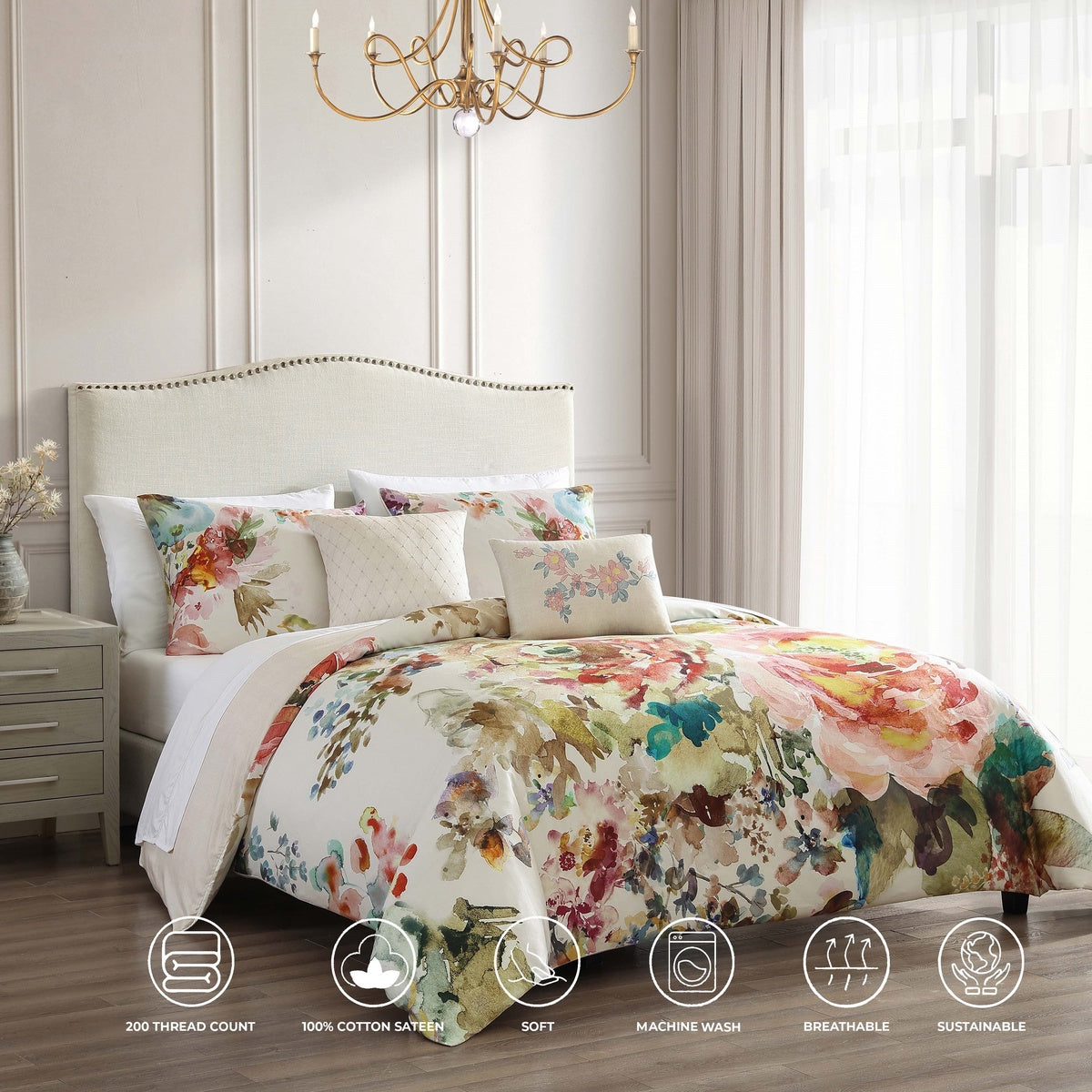  Bebejan Antique Flowers Ivory 100% Cotton 5-Piece Reversible Comforter Set - QUEEN - Bonton