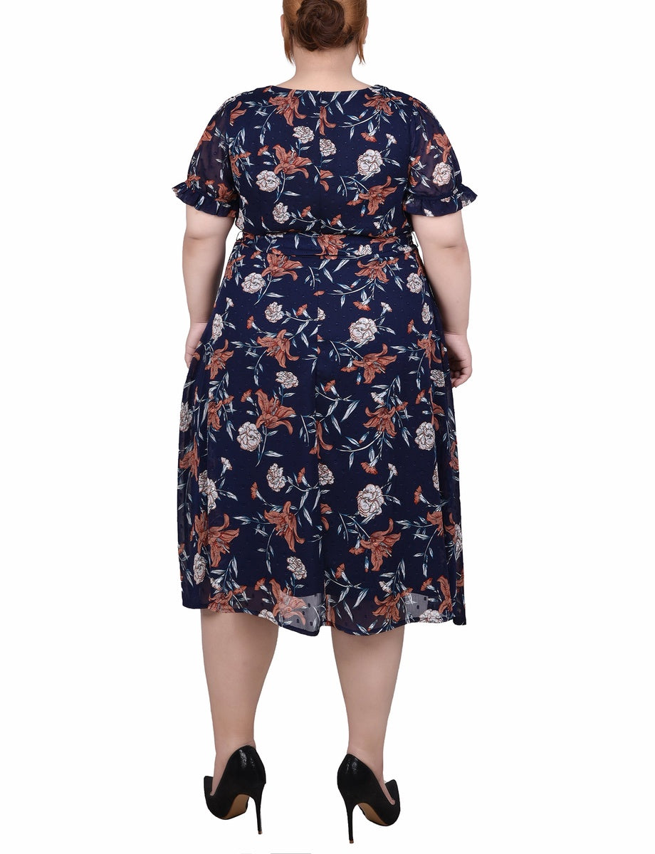  NY Collection Plus Size Short Sleeve Belted Swiss Dot Dress - Mellow Rose Rectangle - Bonton