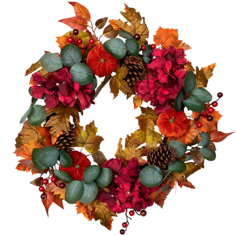 Fall Harvest Artificial Floral and Pinecone Wreath - 22" - Orange and Burgundy
