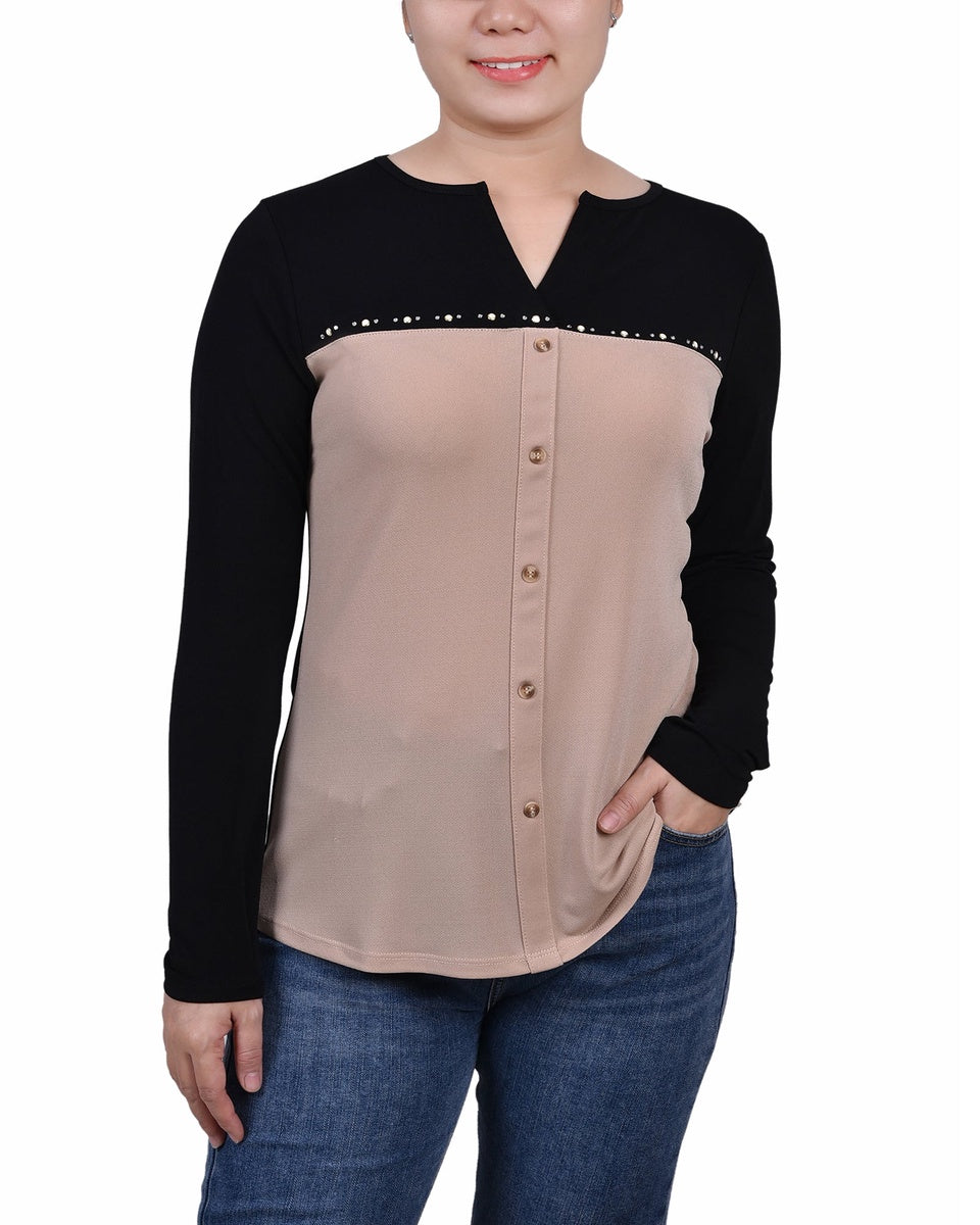  NY Collection Long Sleeve Studded Colorblocked Split Neck Top - Doeskin - Bonton