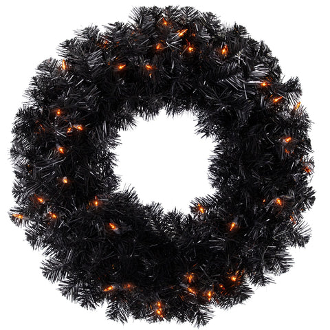 Pre-Lit Noble Spruce Artificial Halloween Wreath - 24" - Black - Orange Lights