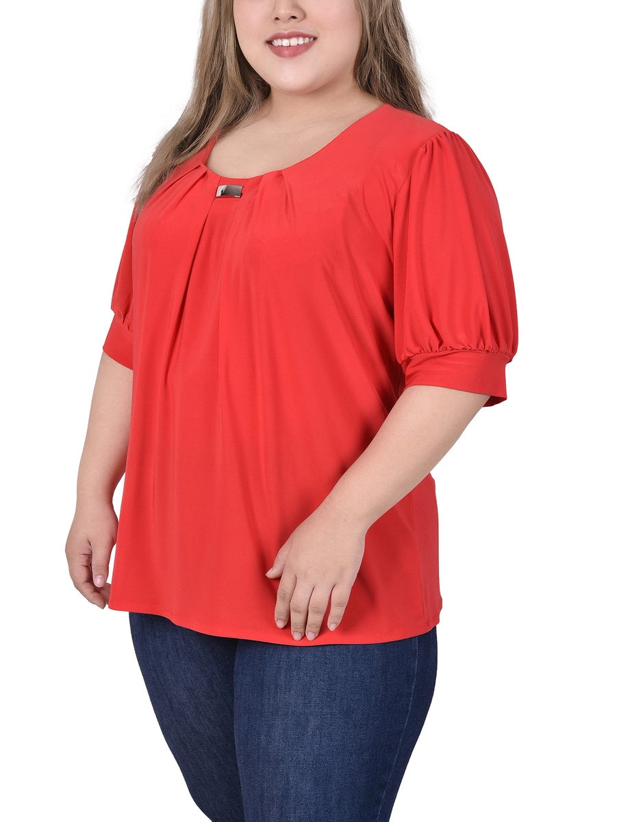  NY Collection Plus Size Short Sleeve Balloon Sleeve Top With Hardware - Bittersweet - Bonton