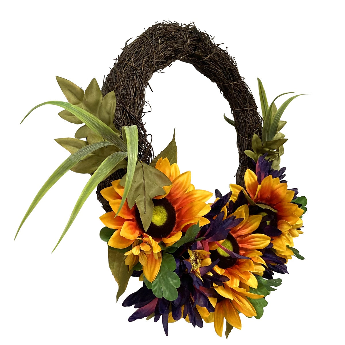  Northlight Sunflower and Mum Twig Autumn Artificial Floral Wreath  20-Inch - Default Title - Bonton