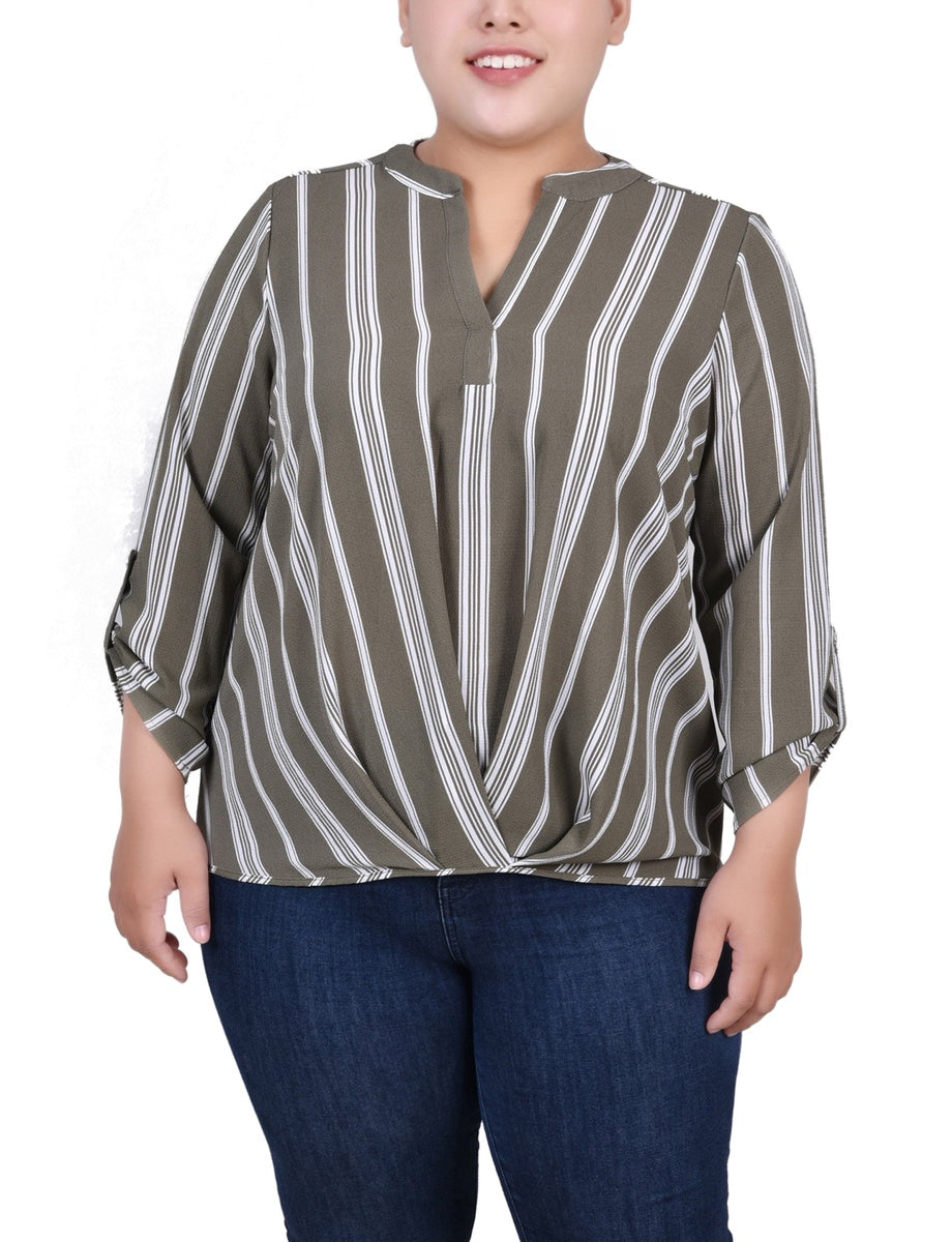  NY Collection Plus Size 3/4 Sleeve Mandarin Collar Blouse With Front Pleats - Botanical Green Box Print - Bonton