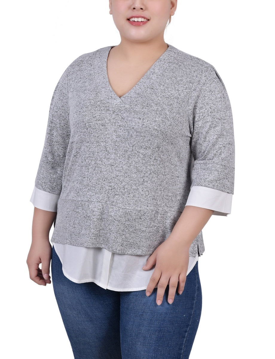  NY Collection Plus Size Long Sleeve 2-in 1 Top - Hgrey White - Bonton