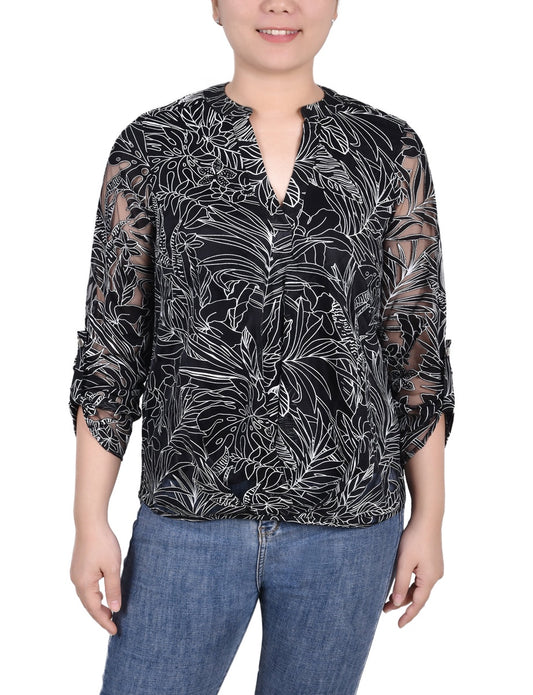 Long Sleeve Burnout Y Neck Blouse