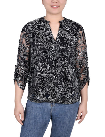 Long Sleeve Burnout Y Neck Blouse