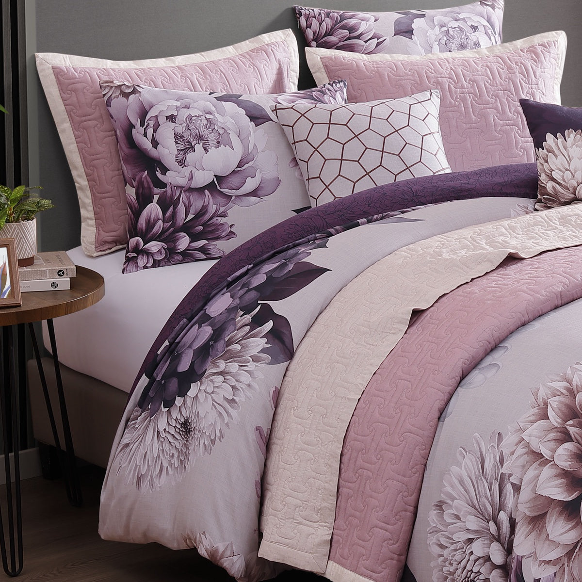  Bebejan Bebejan Plum Petal 8 Piece Reversible Comforter & Coverlet Set - QUEEN - Bonton
