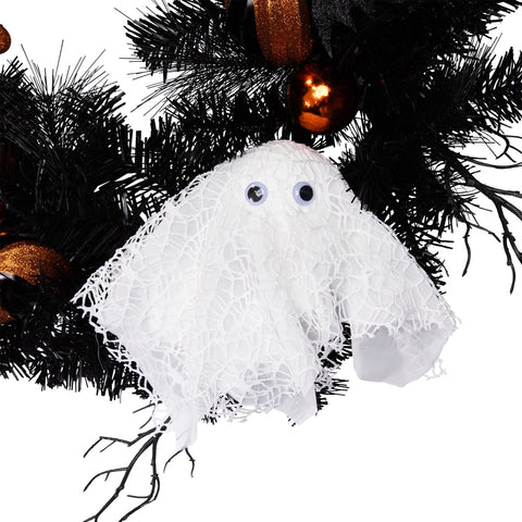 Ornaments and Ghost Halloween Twig Pine Wreath - 24" - Orange and Black - Unlit