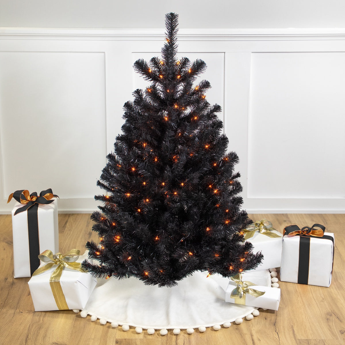  Northlight Pre-Lit Black Noble Spruce Artificial Halloween Tree - 4' - Orange Lights - 4' - Bonton