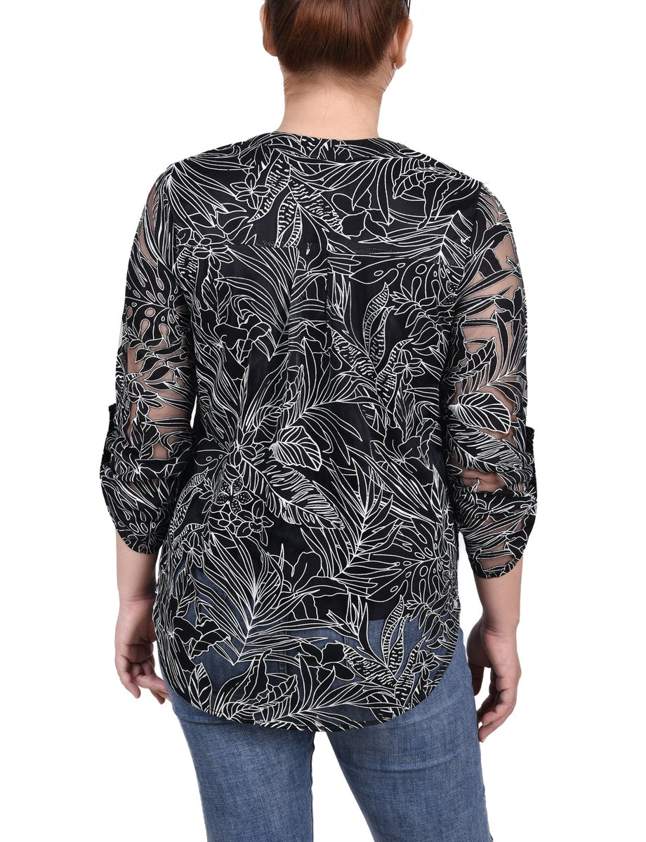  NY Collection Long Sleeve Burnout Y Neck Blouse - Black Palm Leaves - Bonton