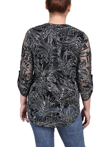 Long Sleeve Burnout Y Neck Blouse