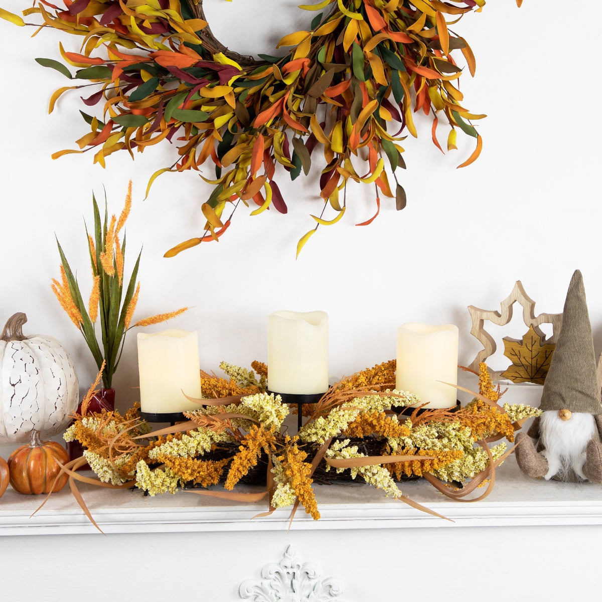  Northlight Autumn Harvest Triple Candle Holder With Artificial Fall Foliage - 22