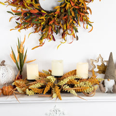 Autumn Harvest Triple Candle Holder With Artificial Fall Foliage - 22"