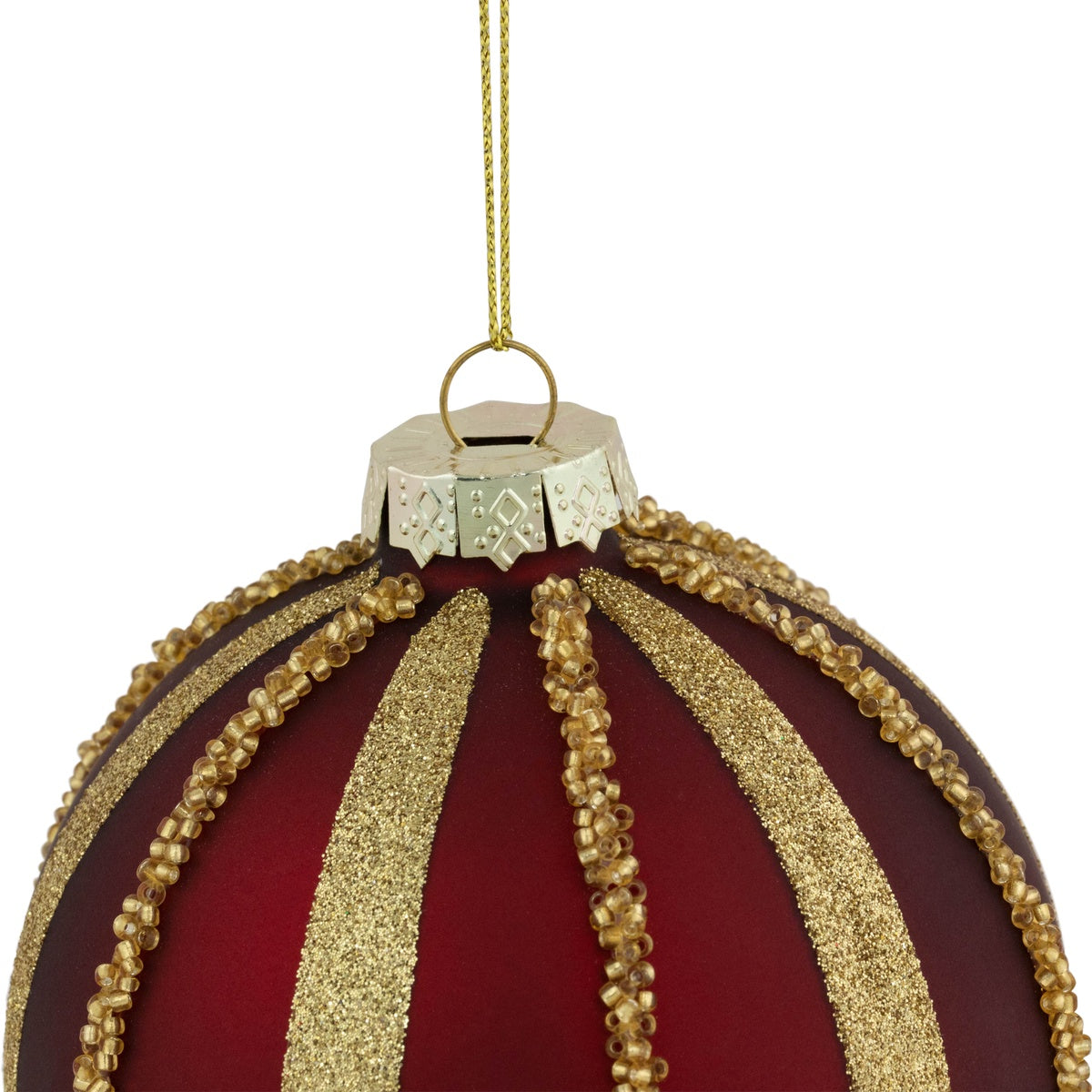  Northlight Set of 2 Burgundy and Gold Striped Beaded Christmas Glass Ball Ornaments 4