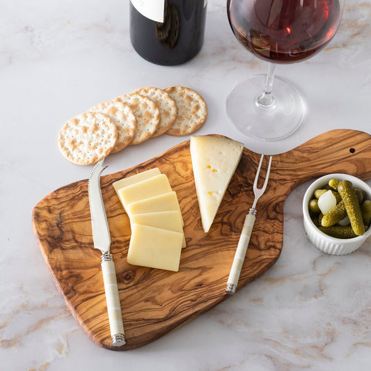 Jubilee Cheese Knife, Fork, and Olive Wood Board Set - Shades of Light