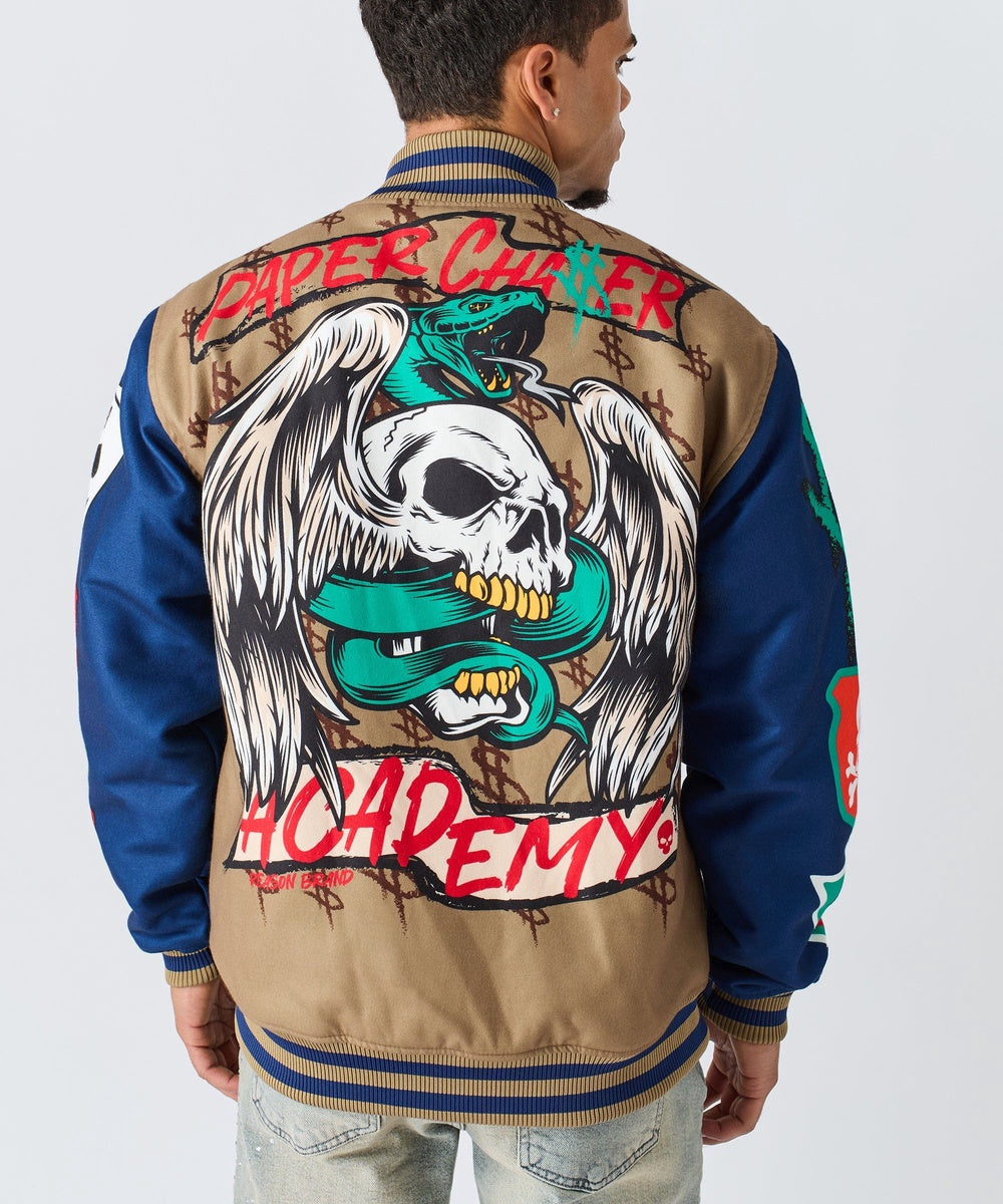  Reason Clothing Paper Chaser Chenille Patched Varsity Jacket - Khaki - KHAKI - Bonton
