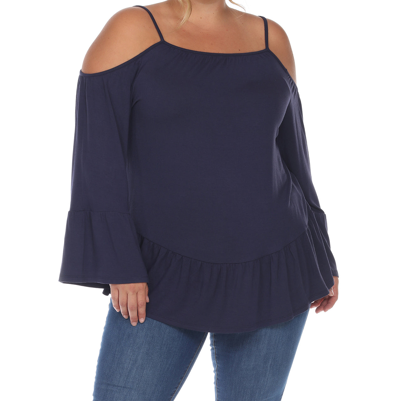  White Mark Plus Size Cold Shoulder Ruffle Sleeve Top - Navy - Bonton