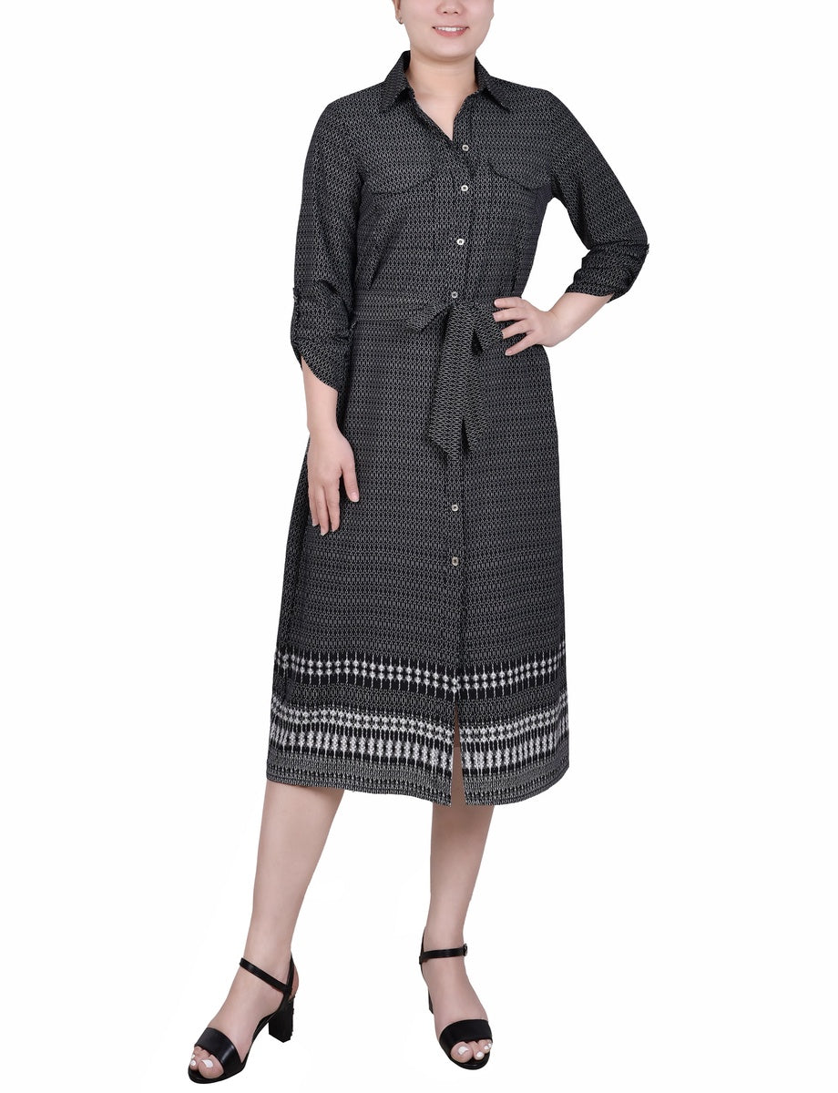  NY Collection 3/4 Roll Tab Sleeve Belted Shirtdress - Black Border - Bonton